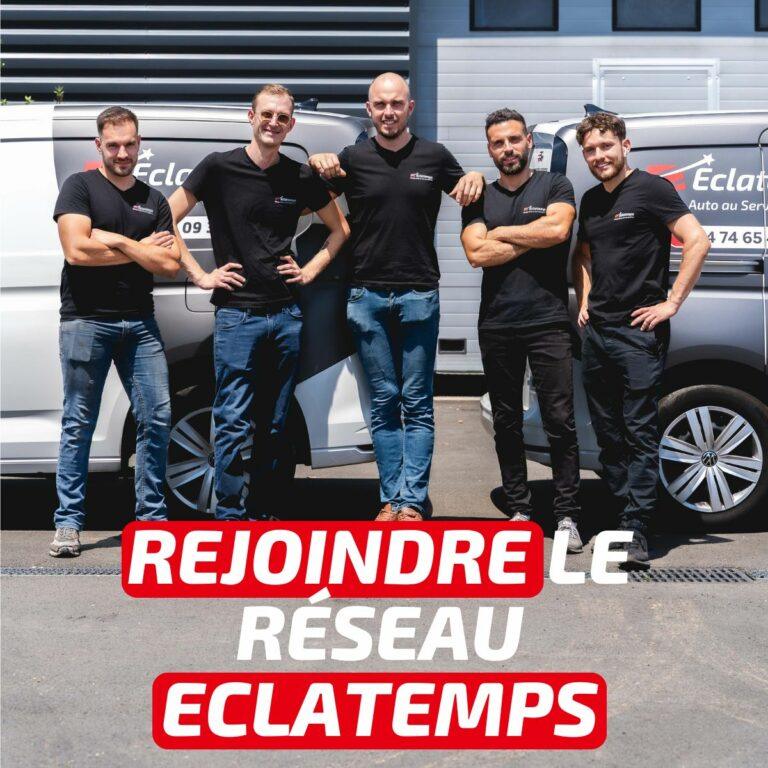 Équipe Eclatemps devant des véhicules de service pour le recrutement de nouveaux franchisés automobiles